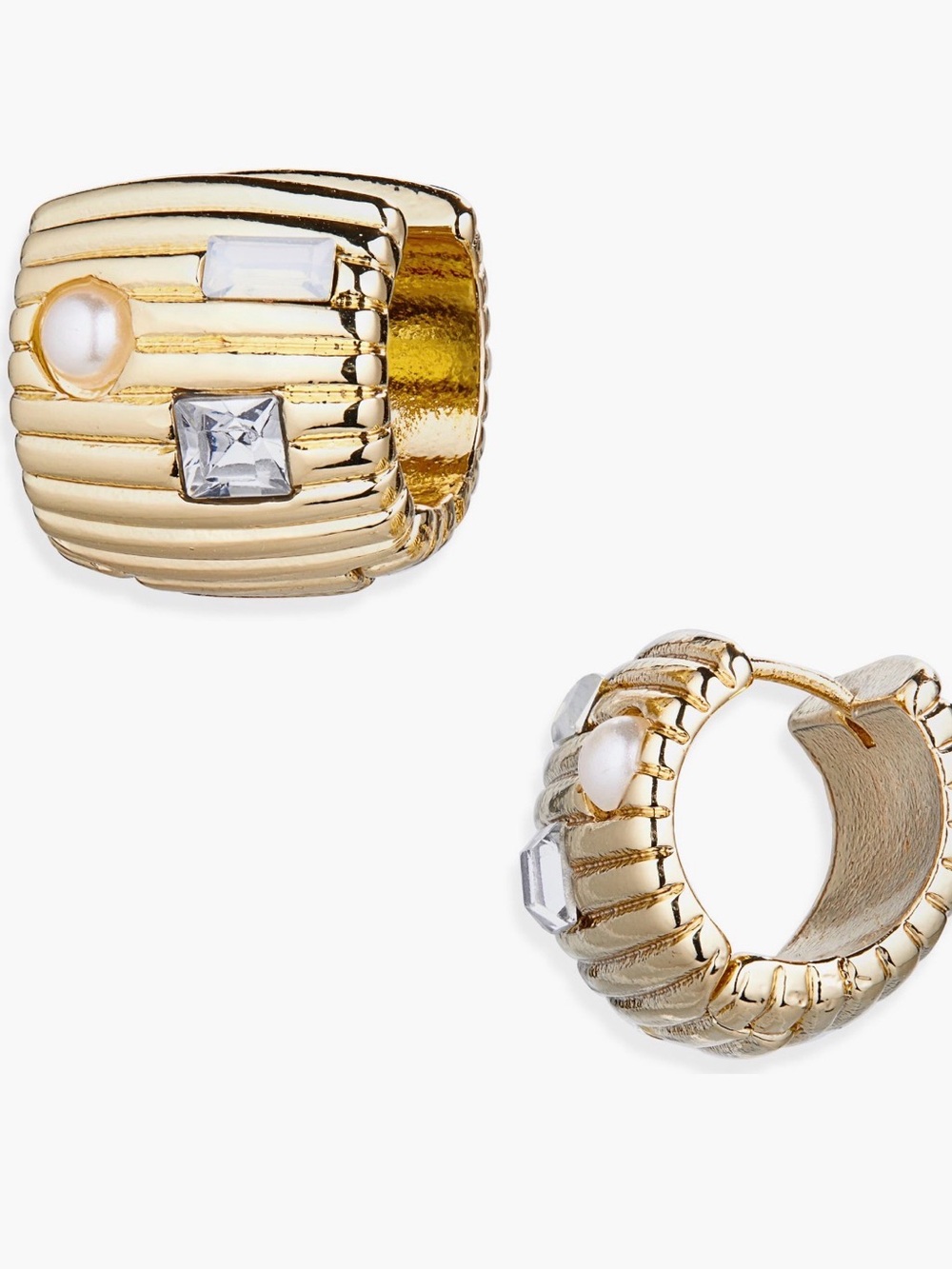 Gold Huggie Earrings with Pearl & Crystal Accents  and Matching Size 7 ring.